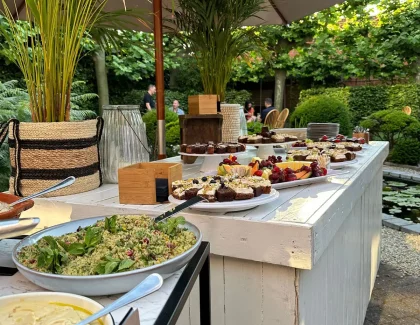 Outdoor buffet table with salads, desserts, and fruit plates